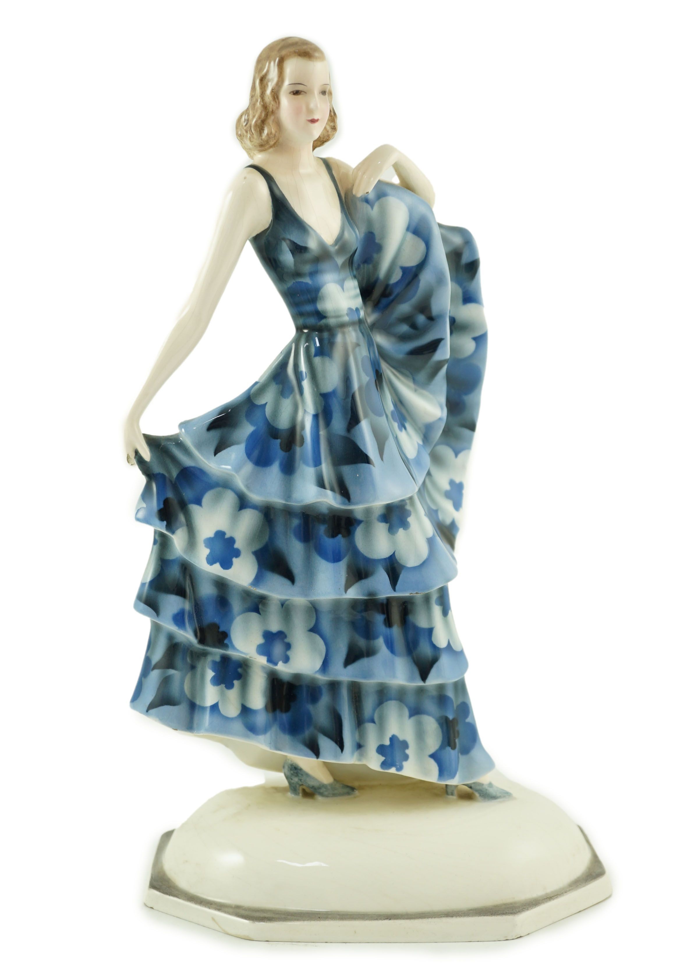 A Goldscheider Art Deco pottery figure of a dancer, modelled by Dakon, 30cm high